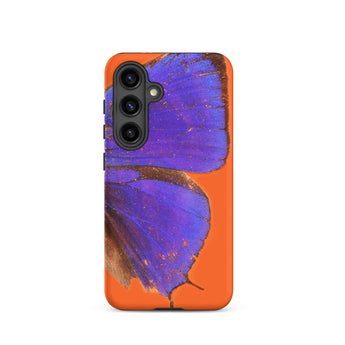 Purple Lycaenidae - Christopher Johnson Samsung Case, Galaxy S24 / Matte, Smartphone Case Purple Butterfly Design Orange Background