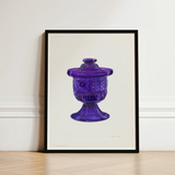 Purple Sugar Bowl with Cover - Janet Riza Decorative Art Print / Canvas Vibrant Glass Jar Lid Intricate Embossed Patterns, Bygone Era Prints