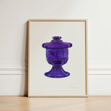 Purple Sugar Bowl with Cover - Janet Riza Decorative Art Print / Canvas Vibrant Glass Vase Intricate Embossed Patterns Lid, Bygone Era