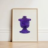 Purple Sugar Bowl with Cover - Janet Riza Decorative Art Print / Canvas Vibrant Glass Jar Lid Intricate Embossed Patterns, Bygone Era Prints