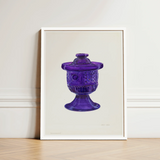 Purple Sugar Bowl with Cover - Janet Riza Decorative Art Print / Canvas Vibrant Glass Jar Lid Intricate Embossed Patterns, Bygone Era Prints