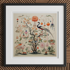 Queer Menagerie Pt 1 - Alien Bird Taxonomy Art Print, 12x12’’ / 31x31cm / Black Frame, Framed Chinoiserie Artwork Tree Birds Ornaments