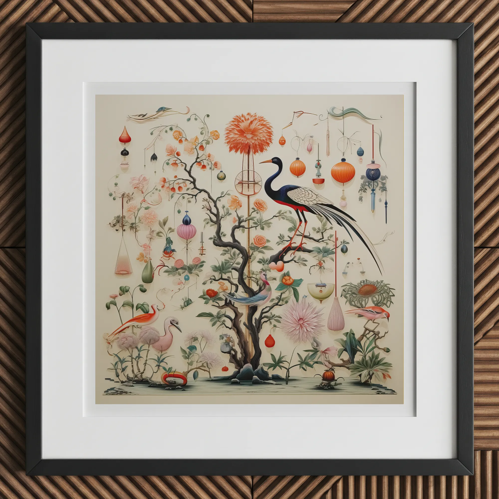 Queer Menagerie Pt 1 - Alien Bird Taxonomy Art Print, 12x12’’ / 31x31cm / Black Frame, Framed Chinoiserie Artwork Tree Birds Ornaments