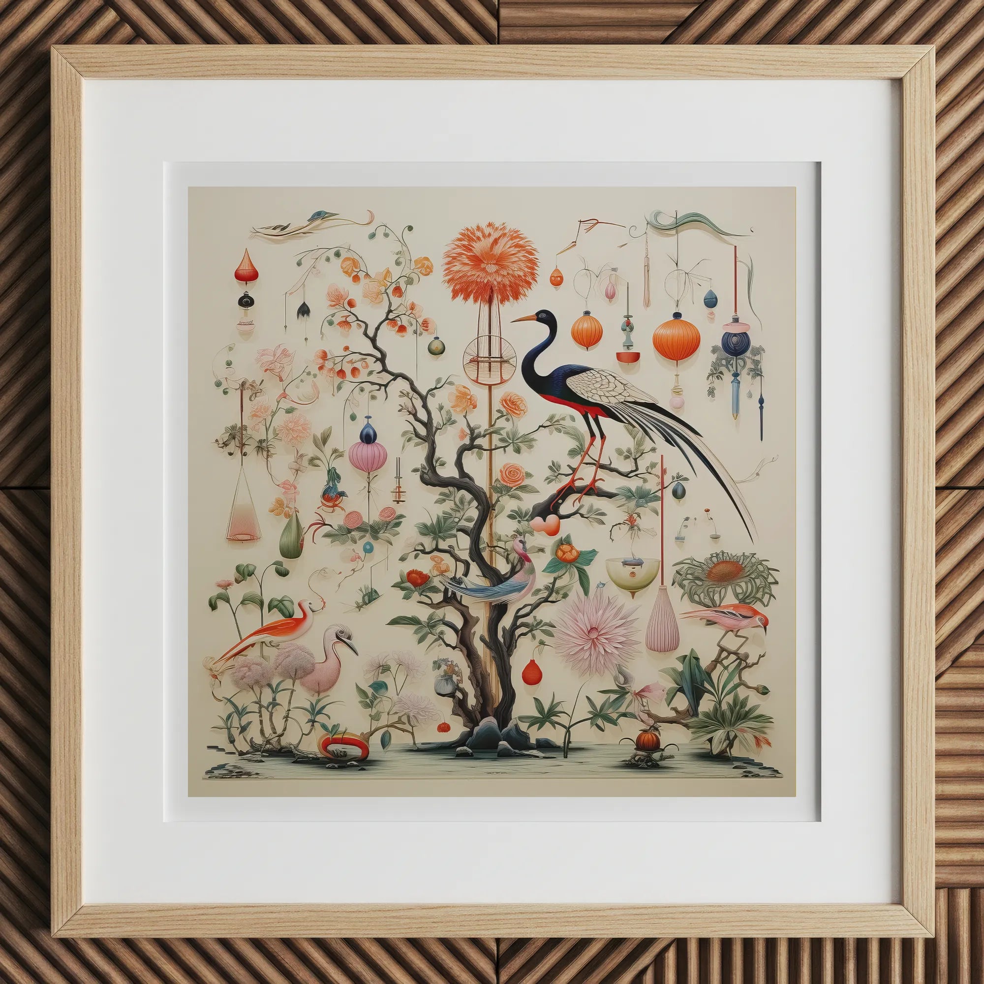 Queer Menagerie Pt 1 - Alien Bird Taxonomy Art Print, 12x12’’ / 31x31cm / Natural Frame, Framed Traditional Chinoiserie-style Painting