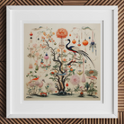 Queer Menagerie Pt 1 - Alien Bird Taxonomy Art Print, 12x12’’ / 31x31cm / White Frame, Framed Artwork Chinoiserie-style Illustration Tree