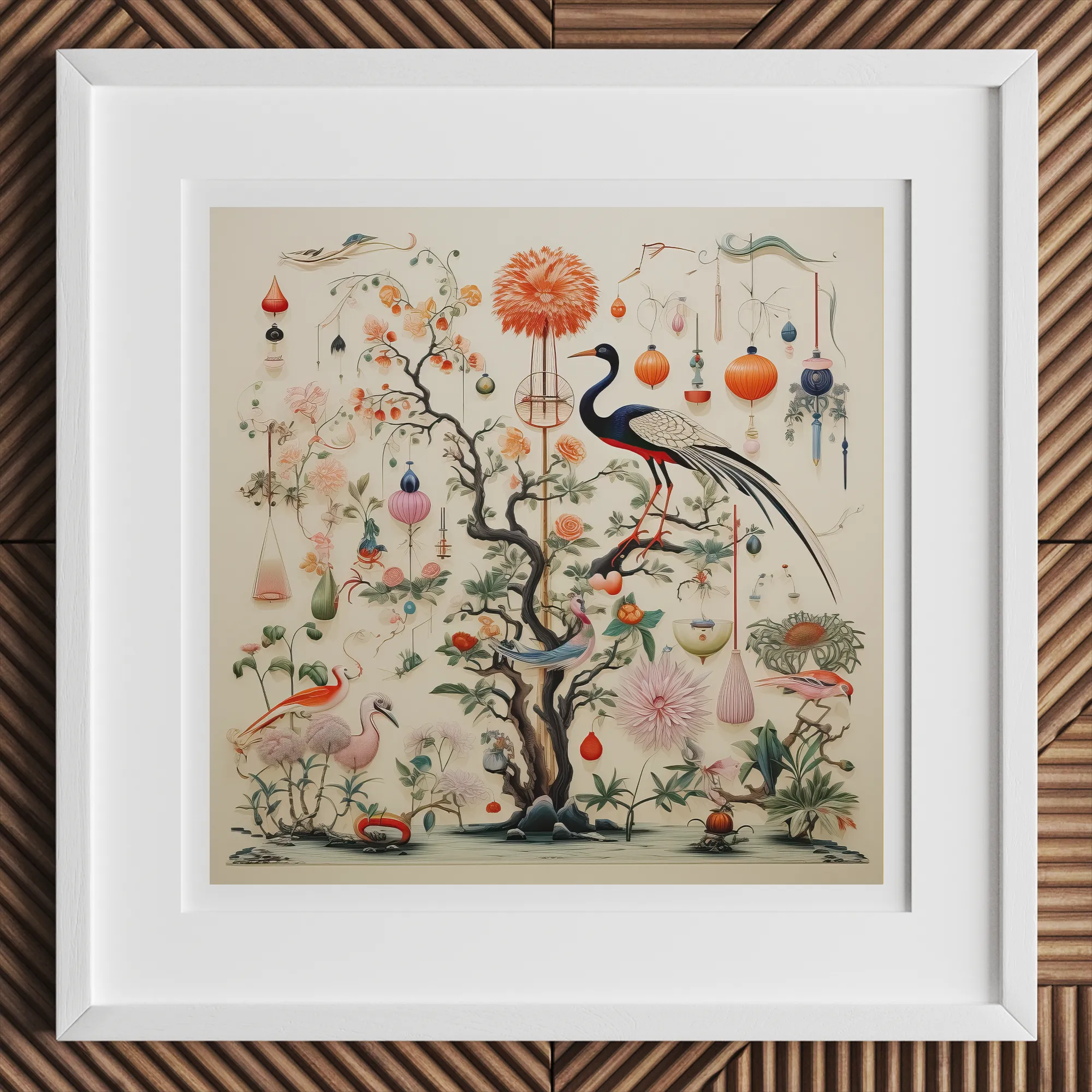 Queer Menagerie Pt 1 - Alien Bird Taxonomy Art Print, 12x12’’ / 31x31cm / White Frame, Framed Artwork Chinoiserie-style Illustration Tree