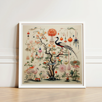 Framed Artwork Detailed Ornate Illustration Tree Vibrant Blossoms Captivating Queer Menagerie, Alien Gay Bird, Taxonomy