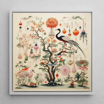 Queer Menagerie Pt 1 - Alien Bird Taxonomy Art Print / Canvas Framed Artwork Central Ornate Tree Blossoms Birds Lanterns Captivating Queer