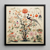 Queer Menagerie Pt 1 - Alien Bird Taxonomy Art Print / Canvas Framed Artwork Central Ornate Tree Blossoms Lanterns Adorned Captivating