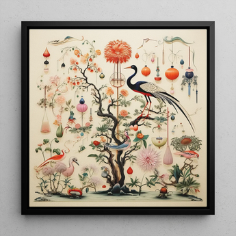 Queer Menagerie Pt 1 - Alien Bird Taxonomy Art Print / Canvas Framed Artwork Central Ornate Tree Blossoms Lanterns Adorned Captivating