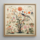 Queer Menagerie Pt 1 - Alien Bird Taxonomy Art Print / Canvas Framed Artwork Detailed Illustration Tree Blossoms Birds Ornaments