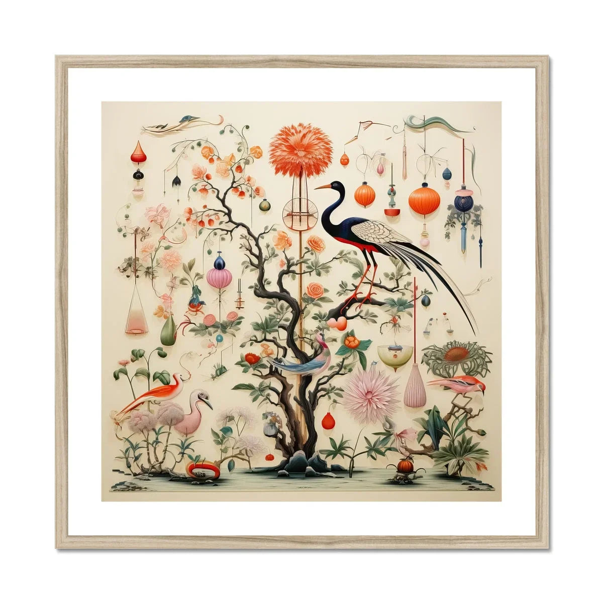 Queer Menagerie Pt 1 - Alien Bird Taxonomy Art Print, Decorative Asian-style Illustration Peacock Among Branches Lanterns