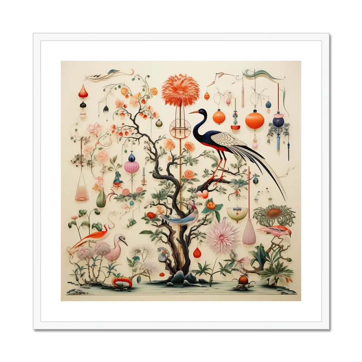 Queer Menagerie Pt 1 - Alien Bird Taxonomy Art Print, Decorative Asian-style Illustration Twisted Tree Lanterns Long-tailed Bird