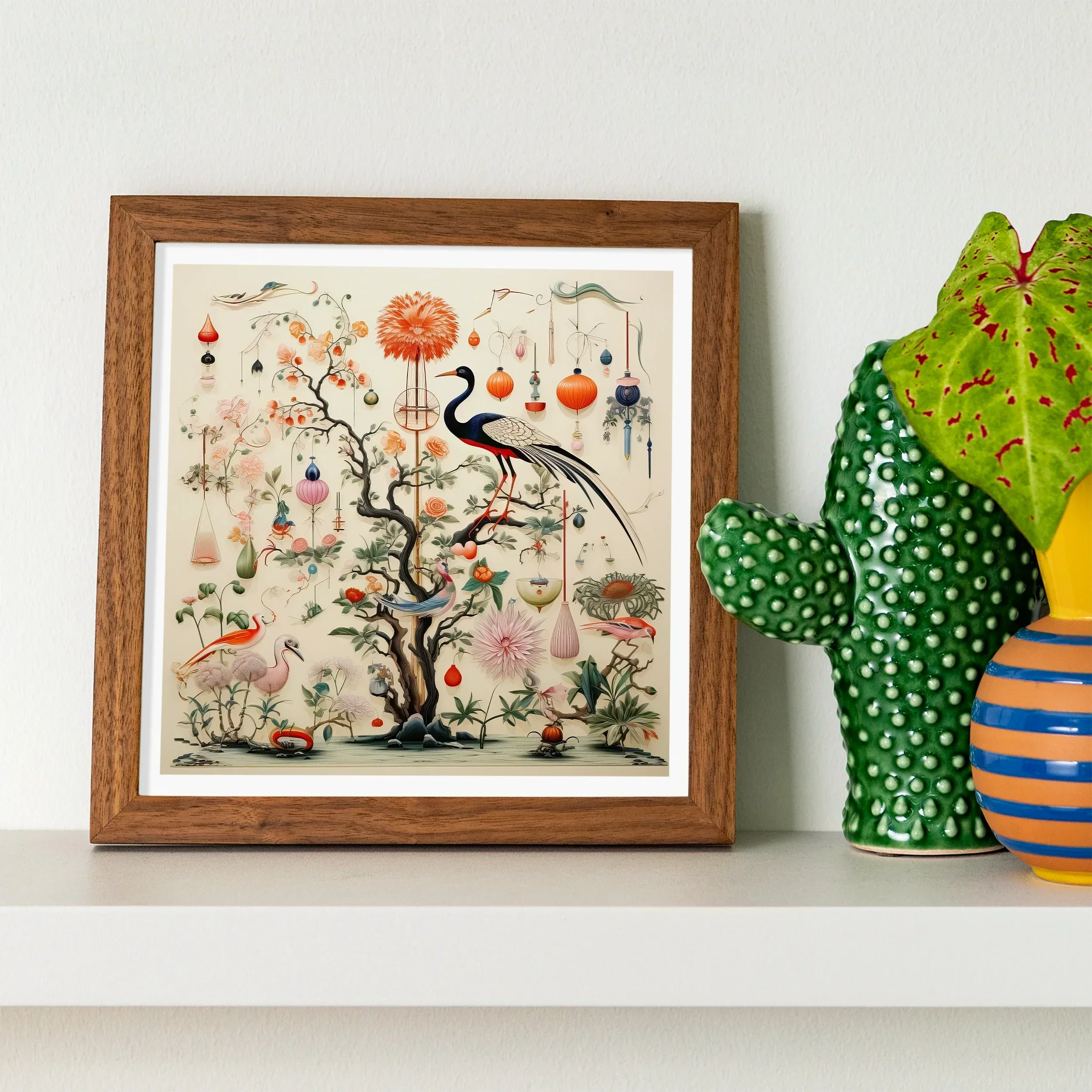 Queer Menagerie Pt 1 - Alien Bird Taxonomy Art Print, Framed Artwork Stylized Tree Bird Decorative Elements