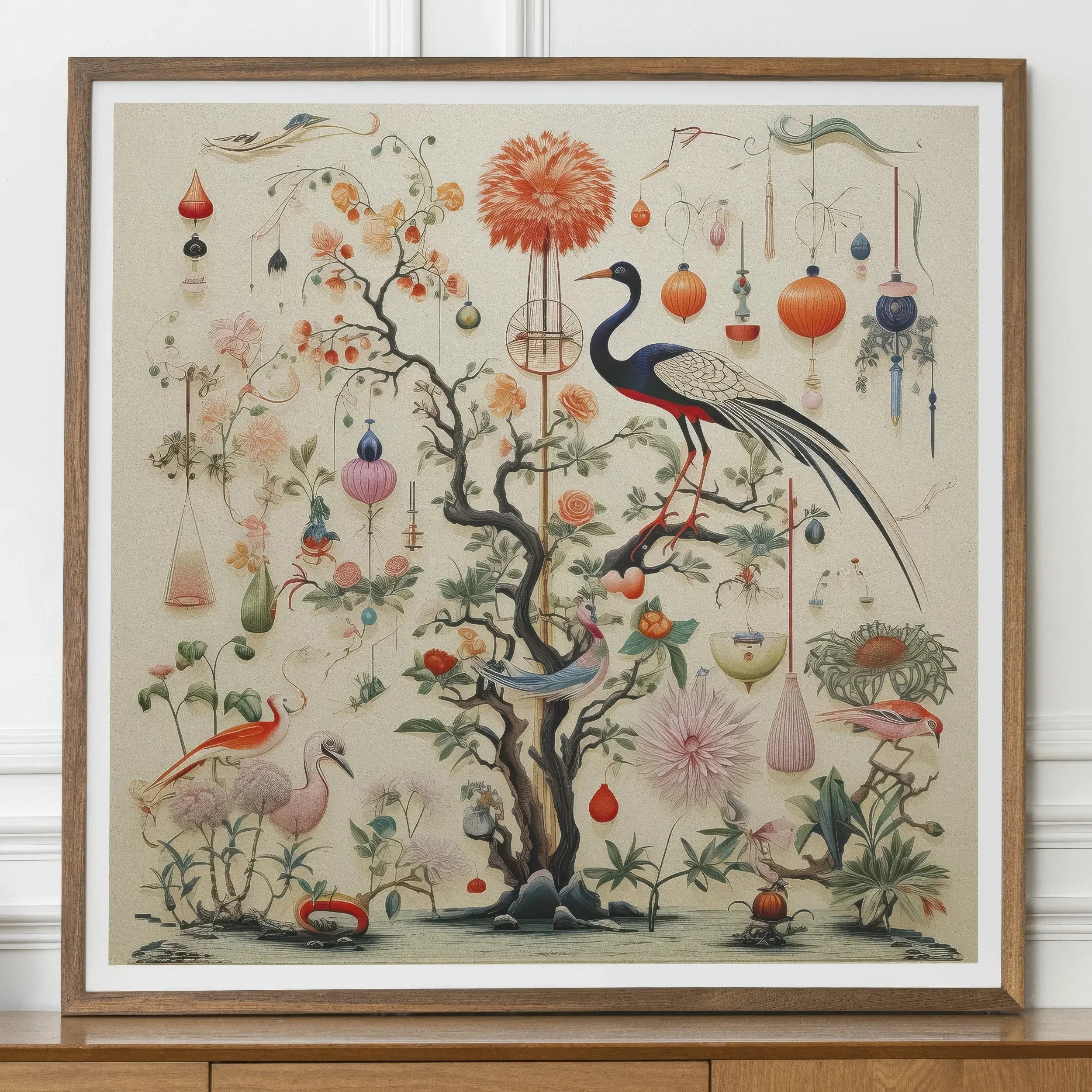 Queer Menagerie Pt 1 - Alien Bird Taxonomy Art Print, Framed Artwork Whimsical Garden Scene Birds Flowers Ornaments