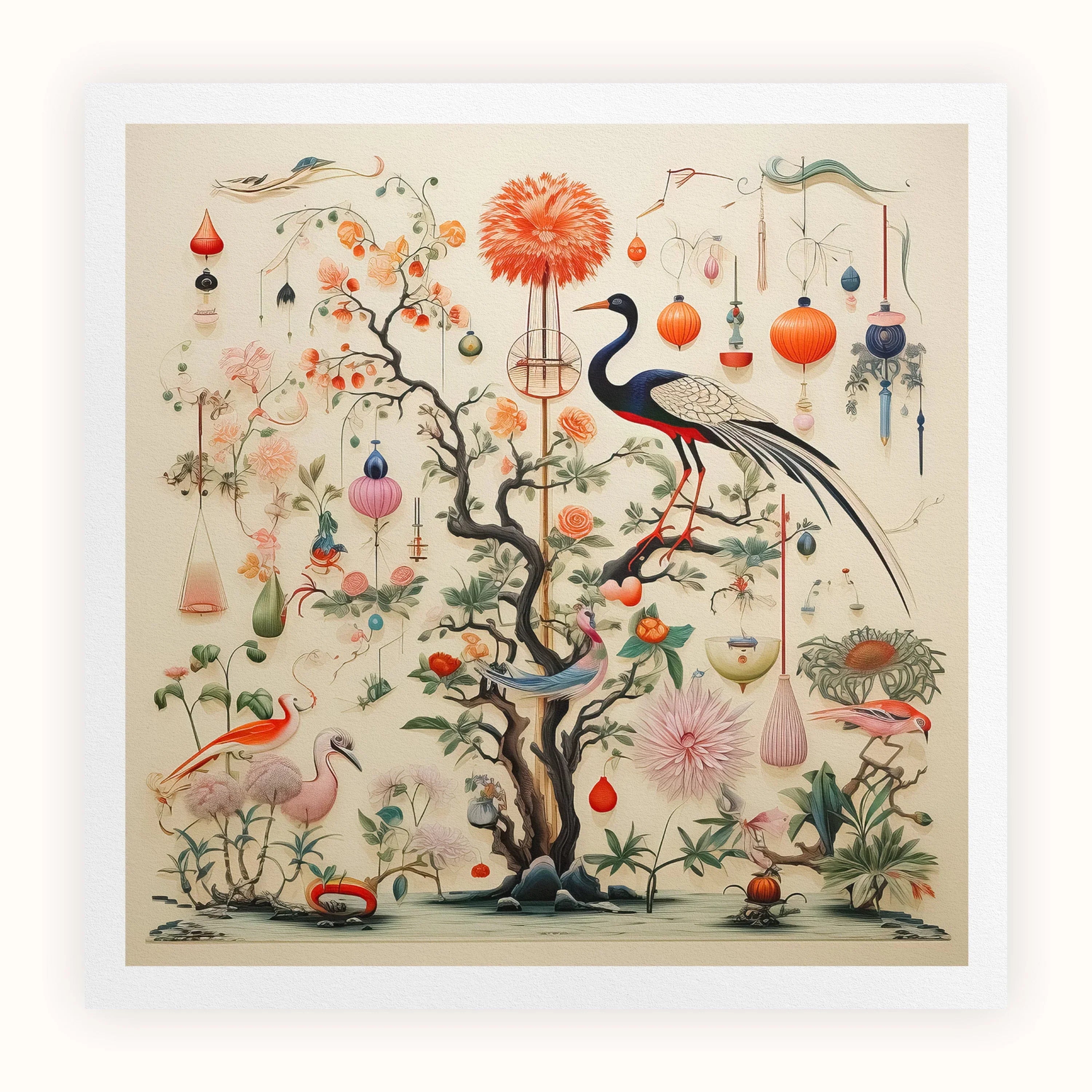 Queer Menagerie Pt 1 - Alien Bird Taxonomy Art Print, Intricate Illustration Stylized Tree Birds Flowers Ornaments Whimsical