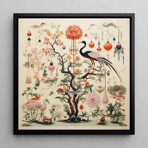 Queer Menagerie Pt 1 - Alien Bird Taxonomy Framed Canvas, 12x12’’ / 31x31cm / Black Floating Frame, Framed Oriental-style Artwork