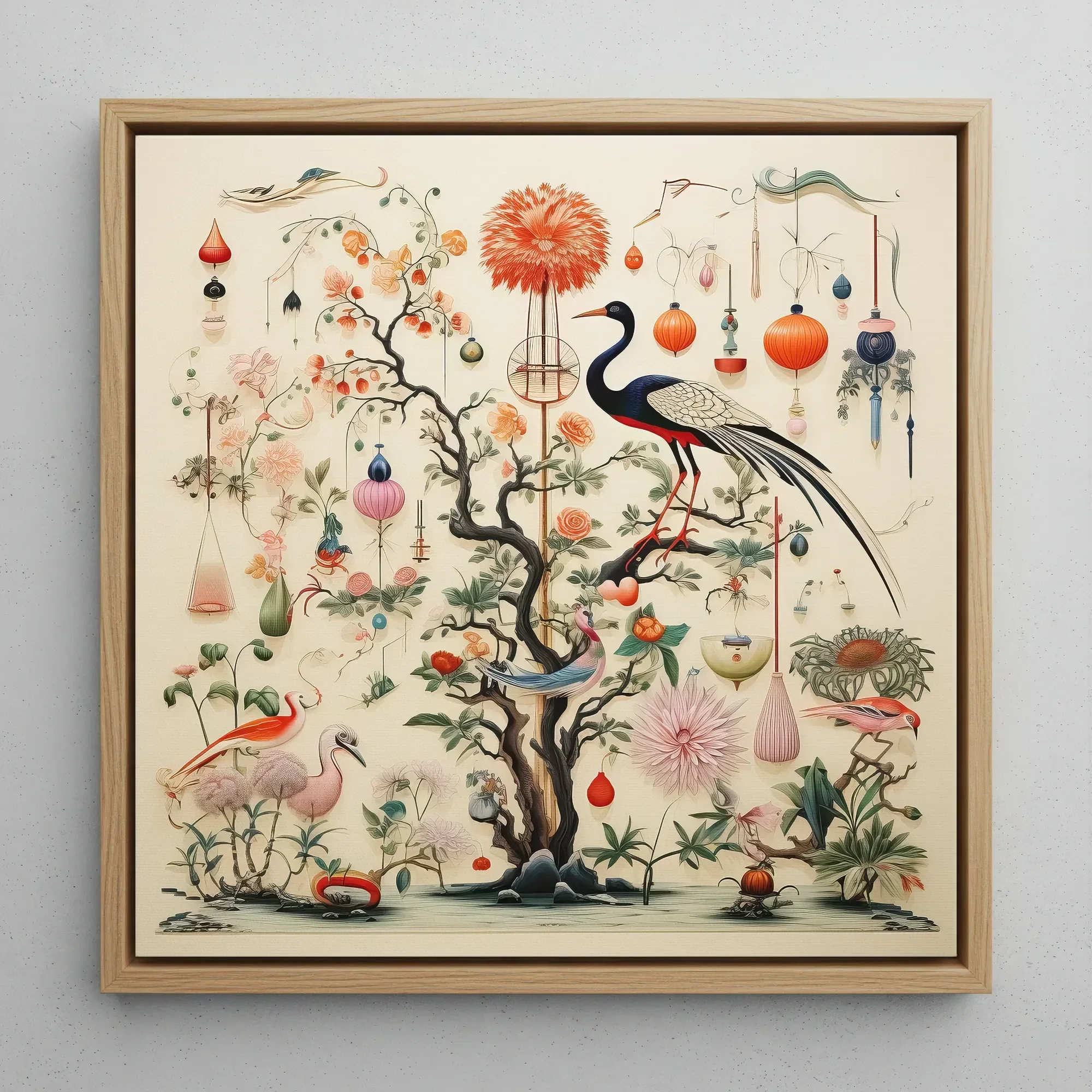 Queer Menagerie Pt 1 - Alien Bird Taxonomy Framed Canvas, 12x12’’ / 31x31cm / Natural Floating Frame, Framed Print Intricate