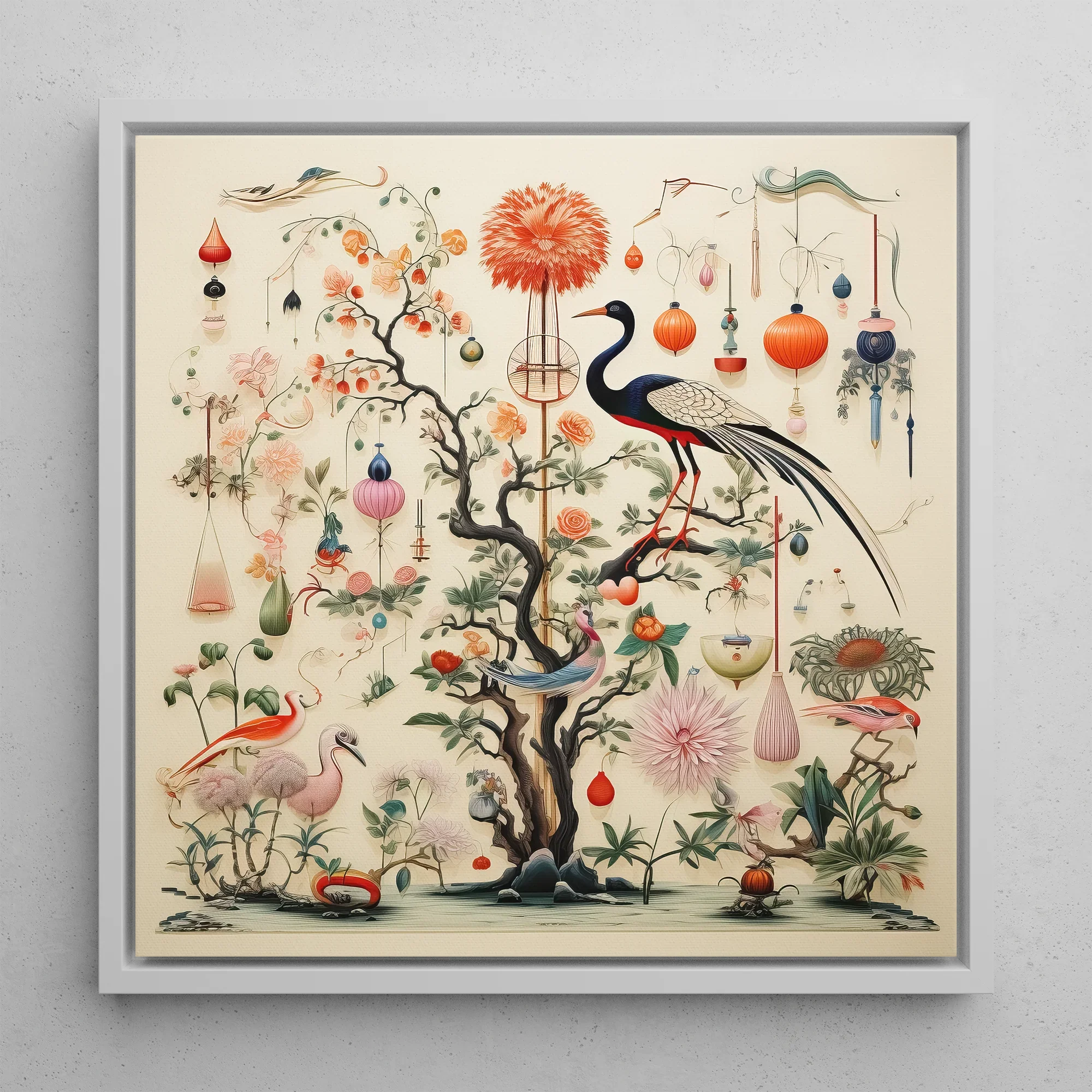 Queer Menagerie Pt 1 - Alien Bird Taxonomy Framed Canvas, 12’’x12’’ / White Floating Frame, Ornate Botanical Avian Artwork