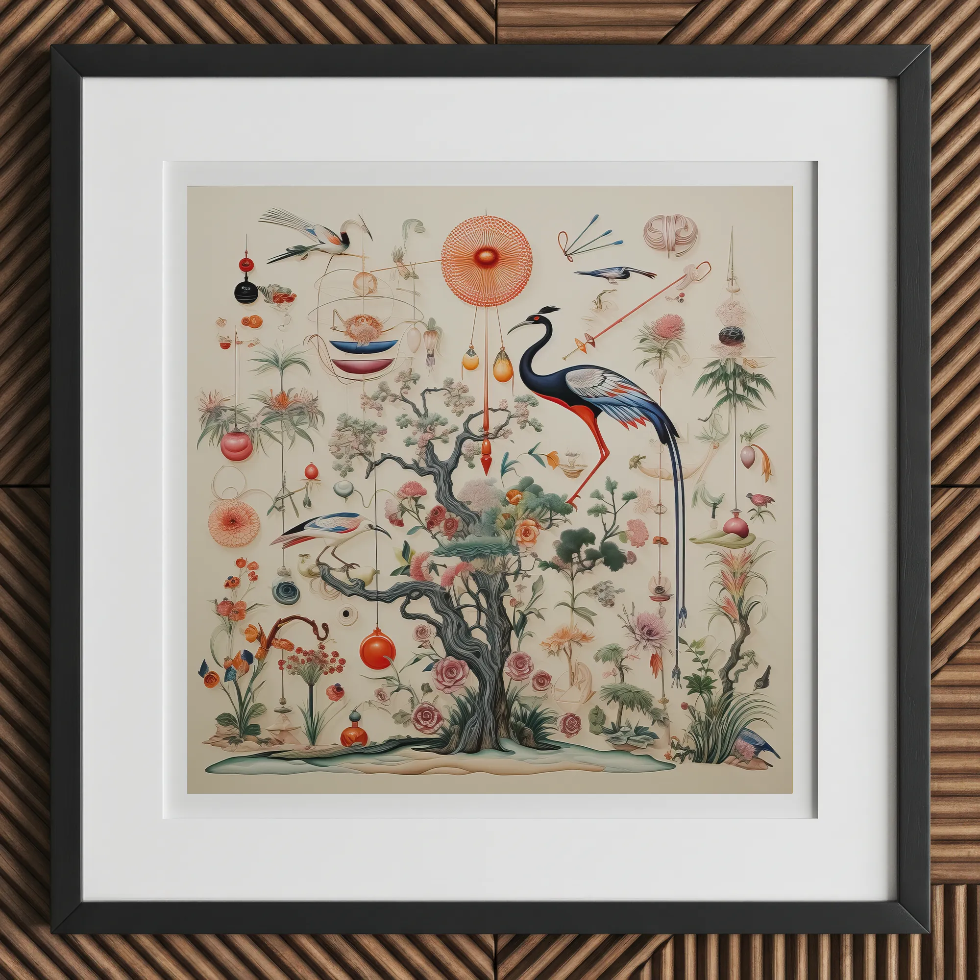 Queer Menagerie Pt 2 - Alien Bird Taxonomy Art Print, 12x12’’ / 31x31cm / Black Frame, Framed Botanical Illustration Central Tree Colorful
