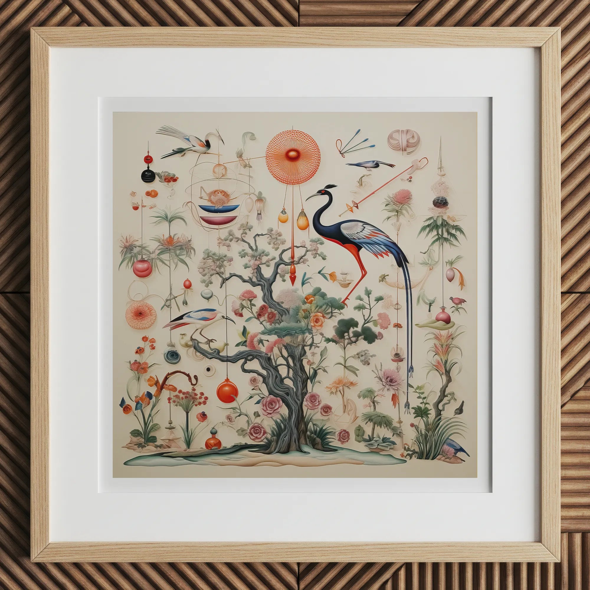 Queer Menagerie Pt 2 - Alien Bird Taxonomy Art Print, 12x12’’ / 31x31cm / Natural Frame, Framed Artwork Natural Wood Frame White Mat