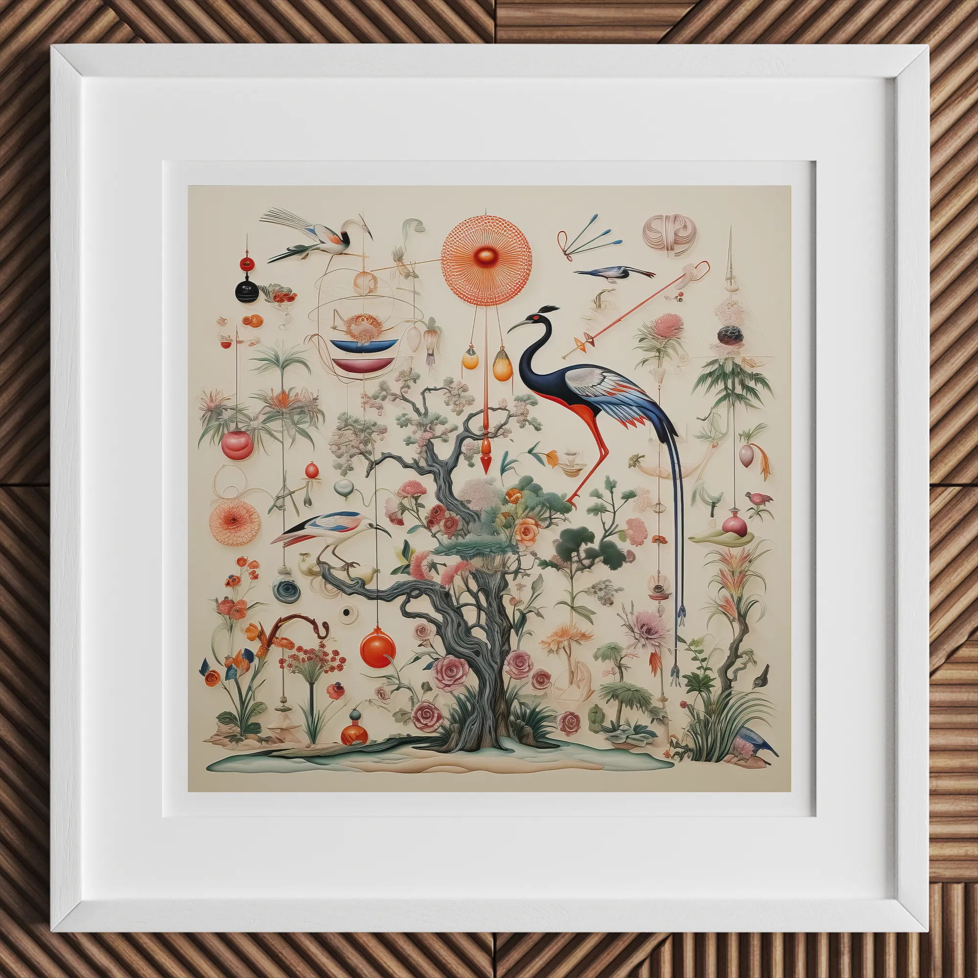 Queer Menagerie Pt 2 - Alien Bird Taxonomy Art Print, 12x12’’ / 31x31cm / White Frame, Framed Print Vibrant Chinoiserie-style Illustration