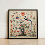 Framed Artwork Detailed Illustration Tree Vibrant Flowers Birds Queer Menagerie, Extraterrestrial Zoology Meets, Alien Gay Bird