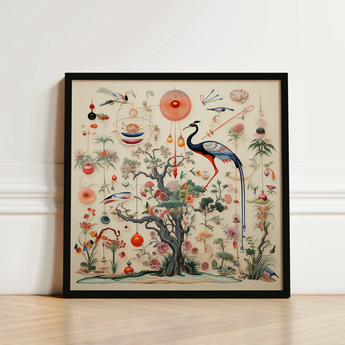 Framed Artwork Detailed Illustration Tree Vibrant Flowers Birds Queer Menagerie, Extraterrestrial Zoology Meets, Alien Gay Bird