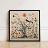 Framed Artwork Detailed Illustration Tree Vibrant Flowers Birds Queer Menagerie, Extraterrestrial Zoology Meets, Alien Gay Bird