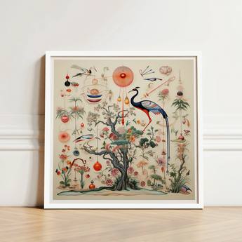 Framed Artwork Detailed Illustration Tree Blossoms Birds Ornaments Queer Menagerie, Extraterrestrial Zoology Meets, Alien Gay Bird