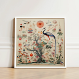 Framed Artwork Detailed Ornate Illustration Tree Blossoms Birds Queer Menagerie, Extraterrestrial Zoology Meets, Alien Gay Bird