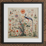 Queer Menagerie Pt 2 - Alien Bird Taxonomy Art Print / Canvas Framed Botanical Illustration Central Blue Black Crane Perched Queer