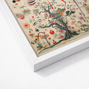 Framed Botanical Illustration Detailed Tree Blossoms Birds Ornaments Queer Menagerie, Extraterrestrial Zoology Meets, Alien Gay Bird