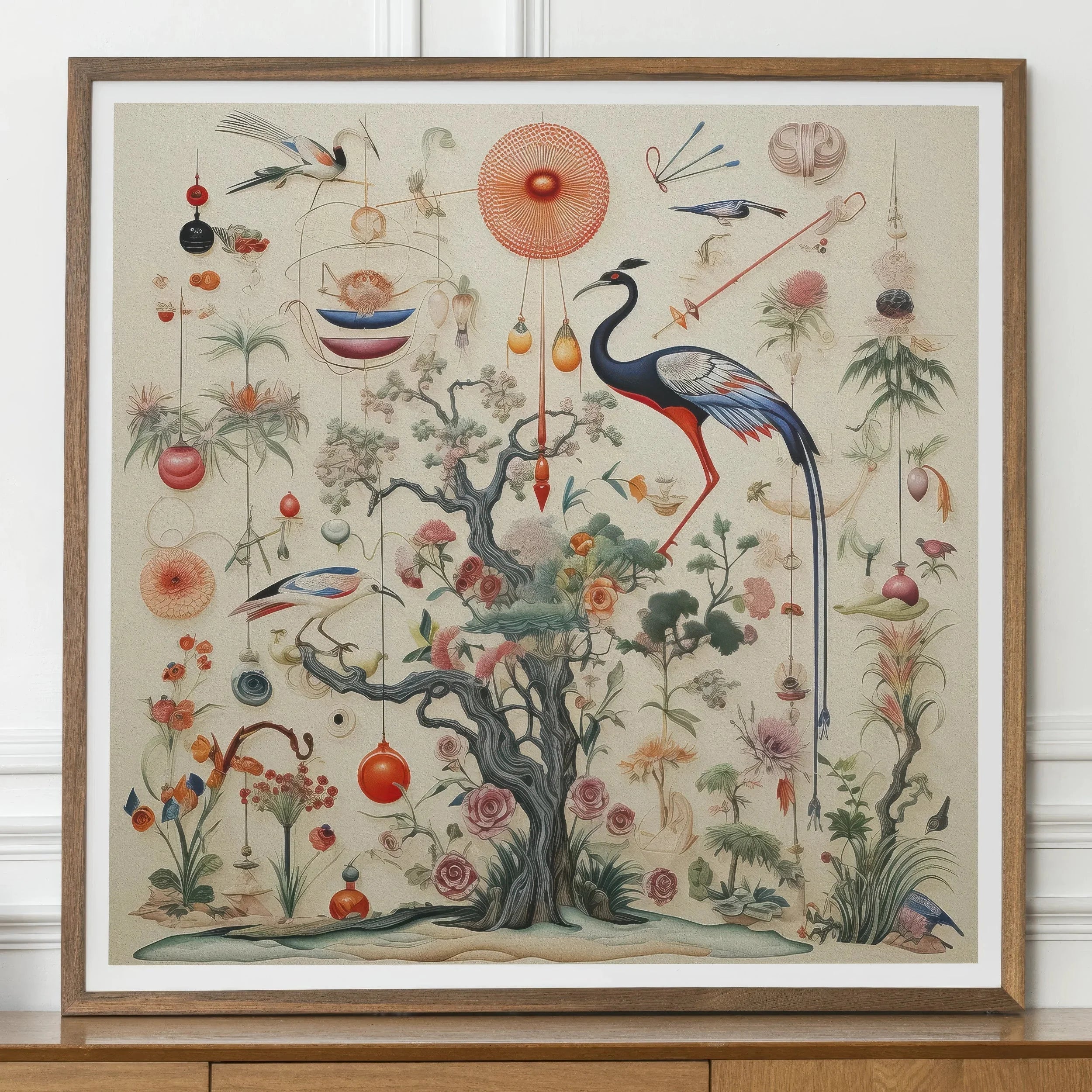 Queer Menagerie Pt 2 - Alien Bird Taxonomy Art Print, Framed Artwork Whimsical Nature Scene Birds Flowers Decorative