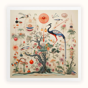 Queer Menagerie Pt 2 - Alien Bird Taxonomy Art Print, Intricate Illustration Central Tree Surrounded Diverse Flora Fauna