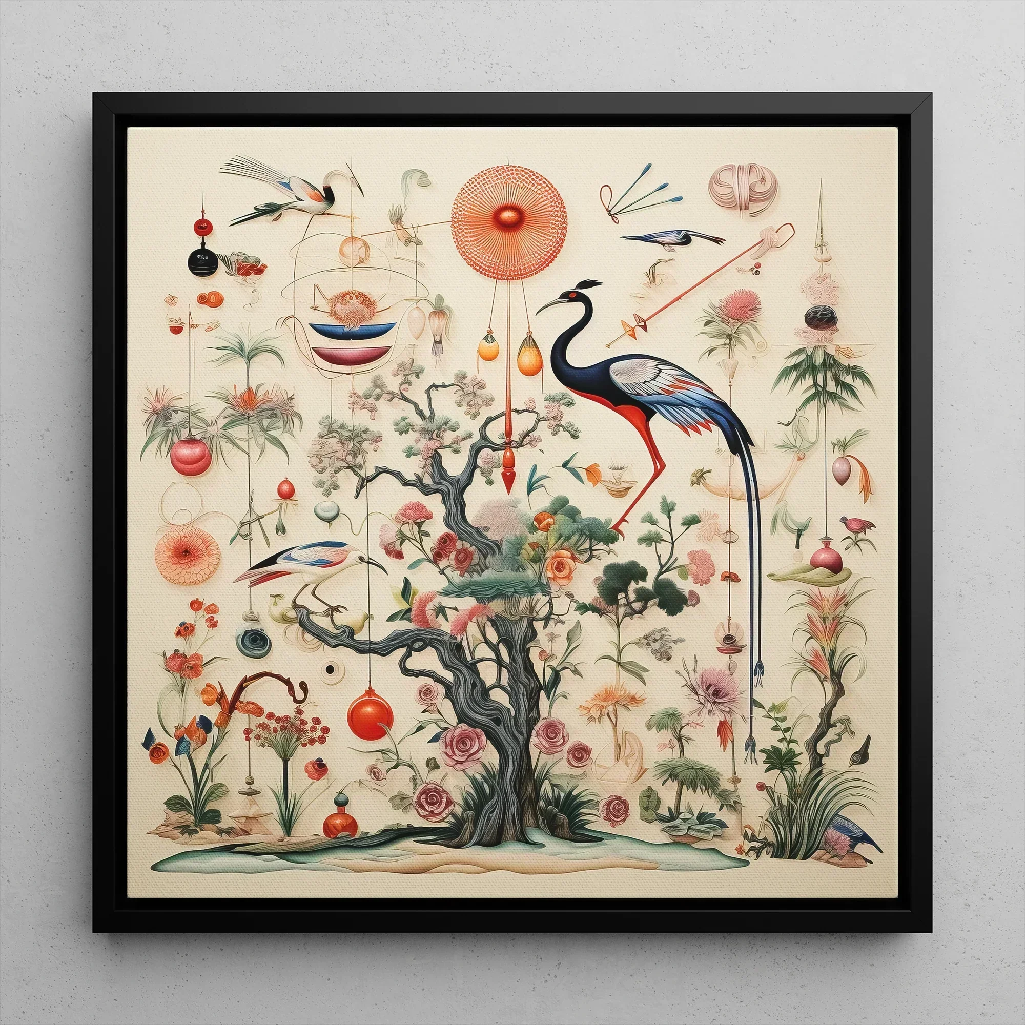 Queer Menagerie Pt 2 Alien Bird Taxonomy Framed Canvas, 12x12’’ / 31x31cm / Black Floating Frame, Framed Botanical Avian Art