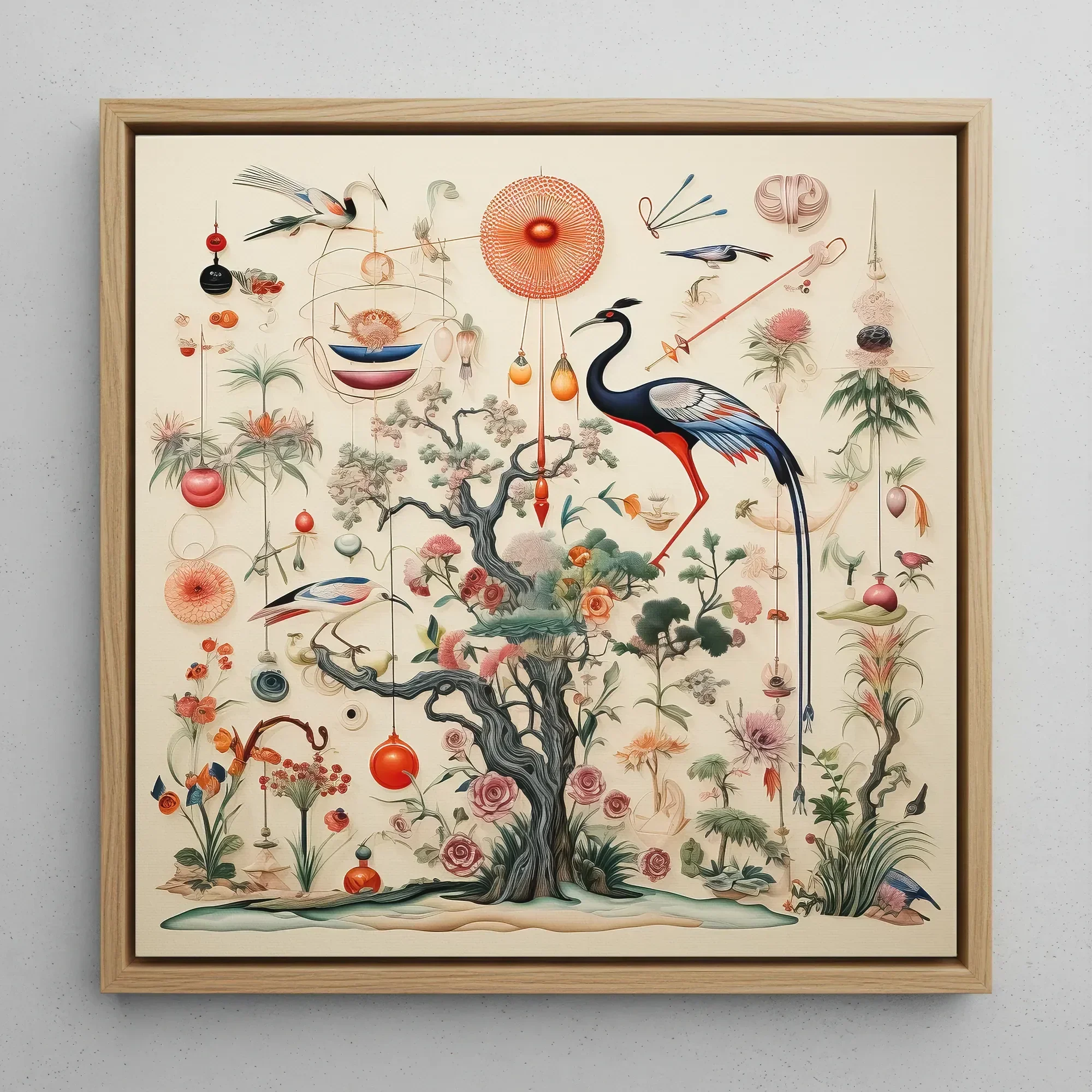 Queer Menagerie Pt 2 - Alien Bird Taxonomy Framed Canvas, 12x12’’ / 31x31cm / Natural Floating Frame, Framed Whimsical Artwork Central Tree