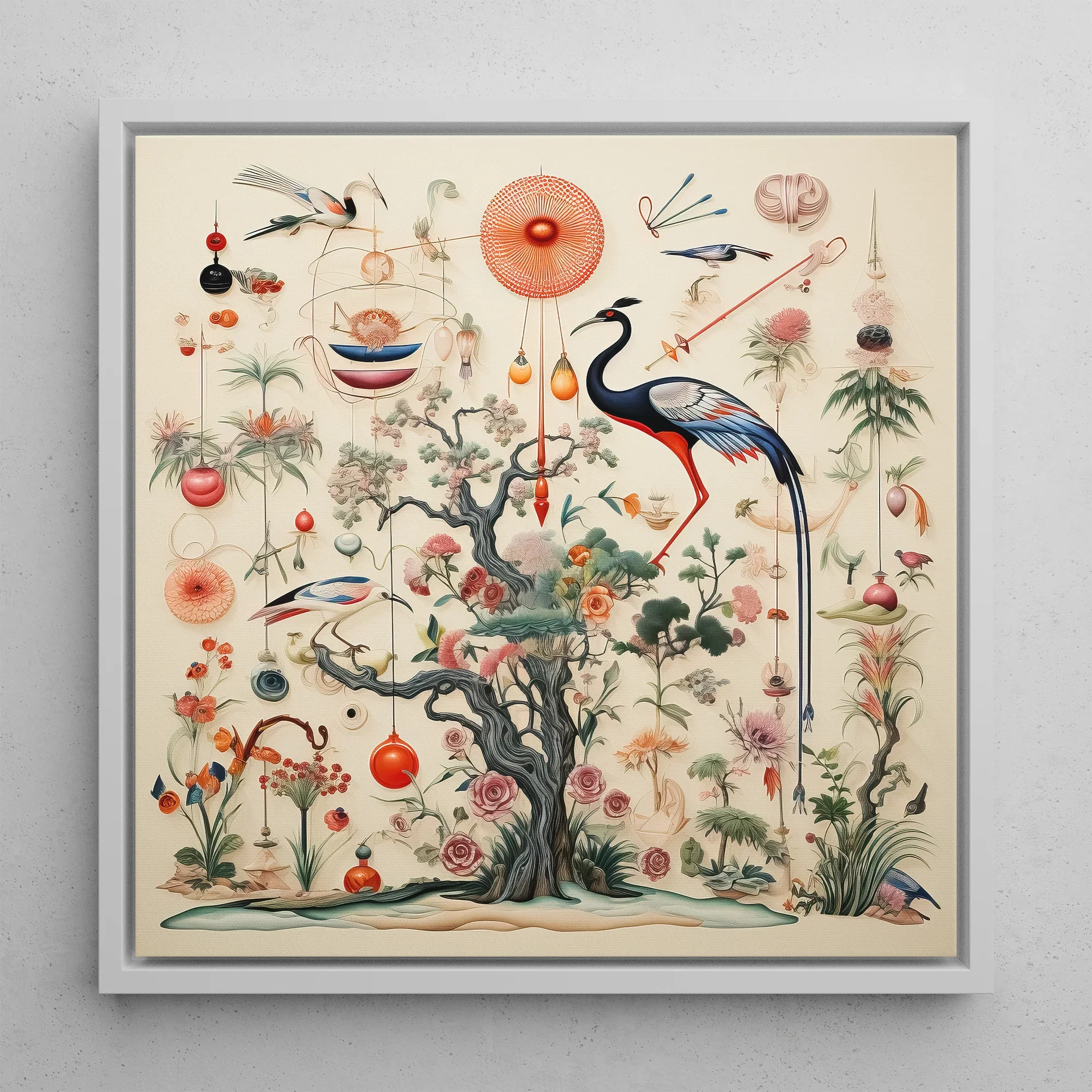 Queer Menagerie Pt 2 - Alien Bird Taxonomy Framed Canvas, 12’’x12’’ / White Floating Frame, Framed Whimsical Botanical Avian Art