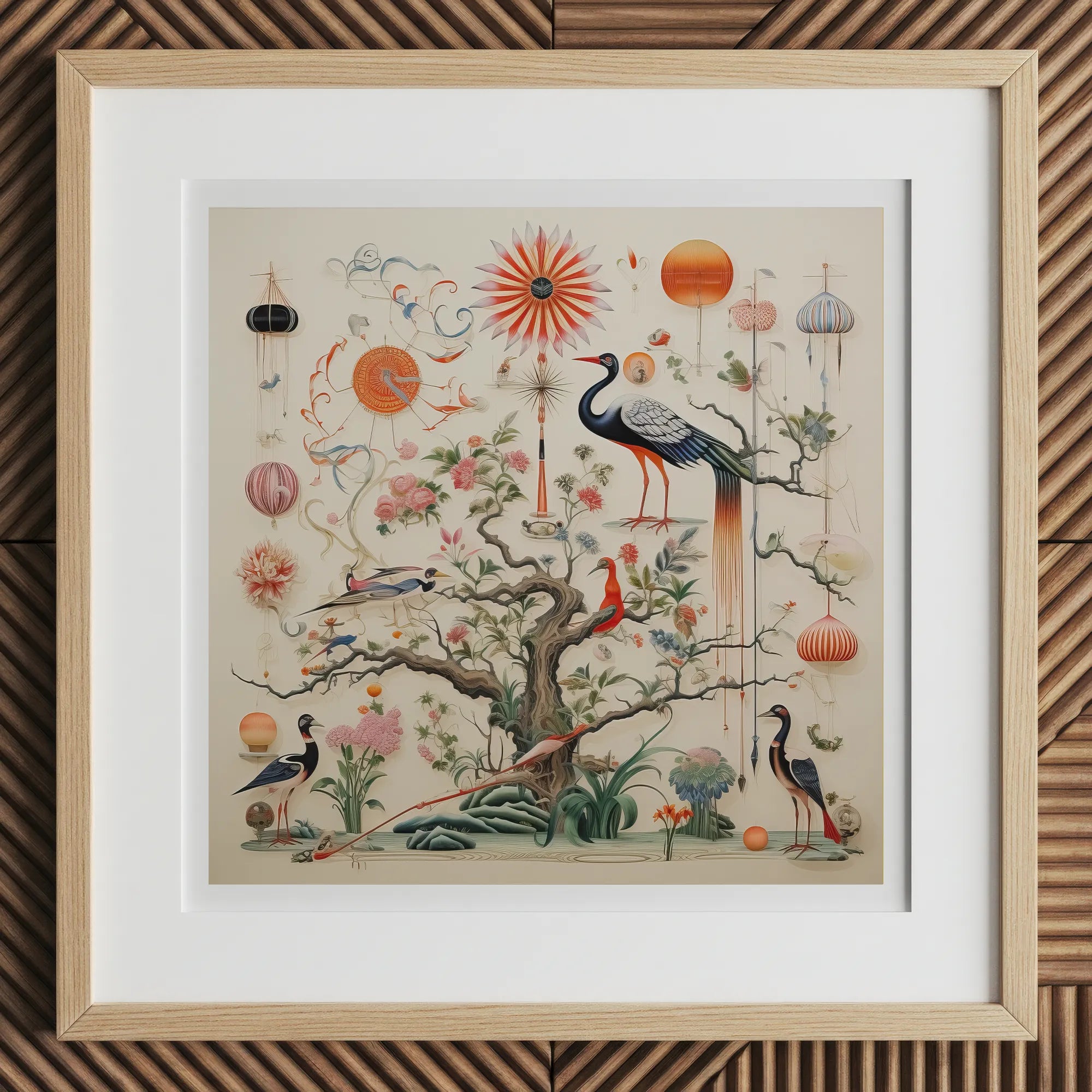 Queer Menagerie Pt 3 - Alien Bird Taxonomy Art Print, 12x12’’ / 31x31cm / Natural Frame, Framed Ornate Chinoiserie-style Artwork Birds