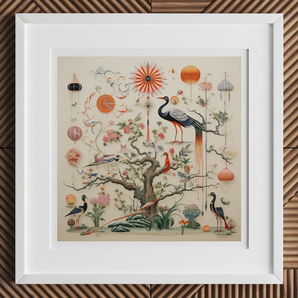 Queer Menagerie Pt 3 - Alien Bird Taxonomy Art Print, 12x12’’ / 31x31cm / White Frame / 2’’ Matboard, Framed Wall Art Print Intricate