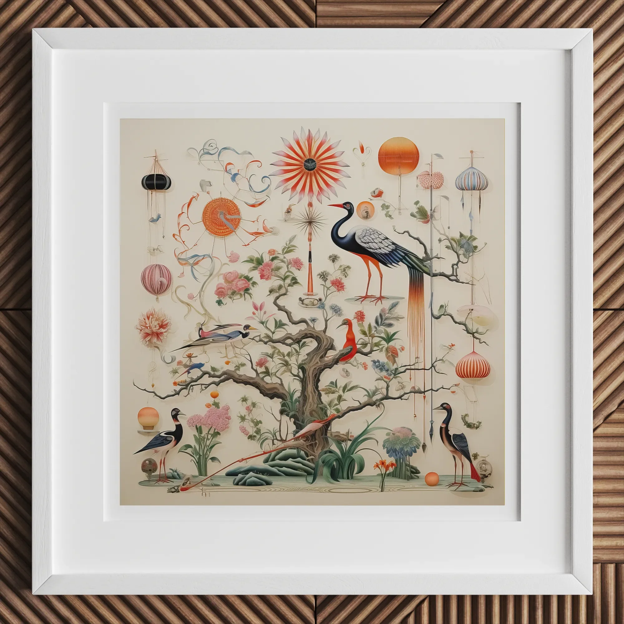 Queer Menagerie Pt 3 - Alien Bird Taxonomy Art Print, 12x12’’ / 31x31cm / White Frame, Framed Wall Art Print Intricate Illustration Birds