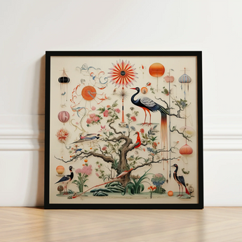 Framed Ornamental Artwork Detailed Colorful Illustration Birds Blossoms Queer Menagerie, Alien Gay Bird, 18th-century Scientific