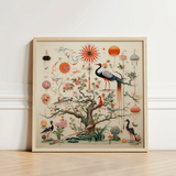 Framed Ornamental Print Detailed Illustration Birds Flowers Lanterns Queer Menagerie, Alien Gay Bird, 18th-century Scientific