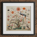 Queer Menagerie Pt 3 - Alien Bird Taxonomy Art Print / Canvas Framed Artwork Detailed Colorful Illustration Birds Flowers Off-white Queer