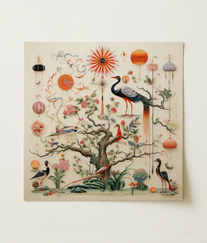Square Canvas Print Detailed Ornate Illustration Birds Flowers Queer Menagerie, Alien Gay Bird, 18th-century Scientific