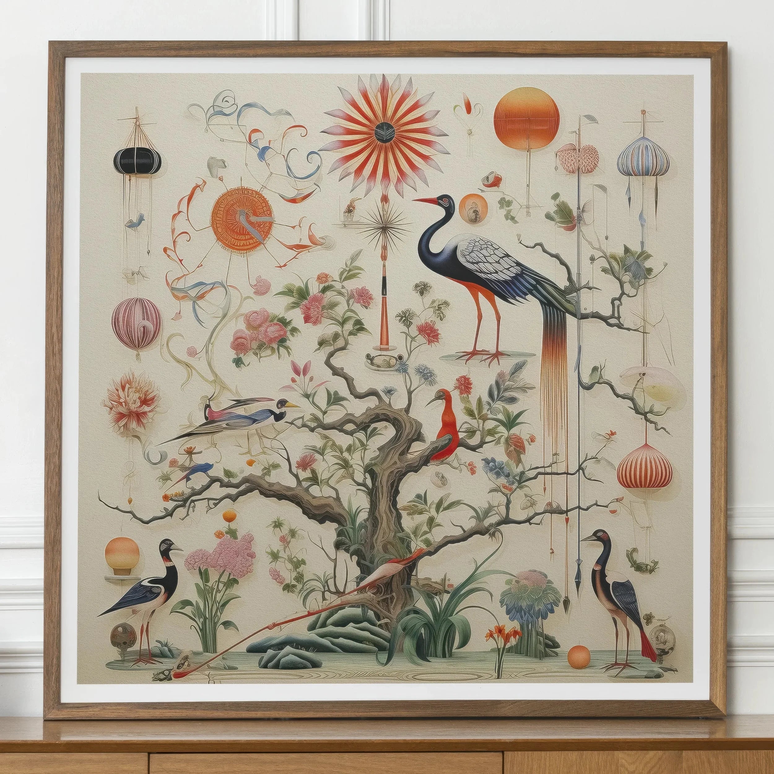 Queer Menagerie Pt 3 - Alien Bird Taxonomy Art Print, Framed Artwork Whimsical Nature Scene Birds Flowers Celestial