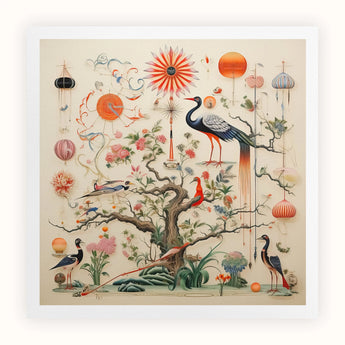 Queer Menagerie Pt 3 - Alien Bird Taxonomy Art Print, Whimsical Illustration Tree Birds Flowers Decorative Elements Colorful