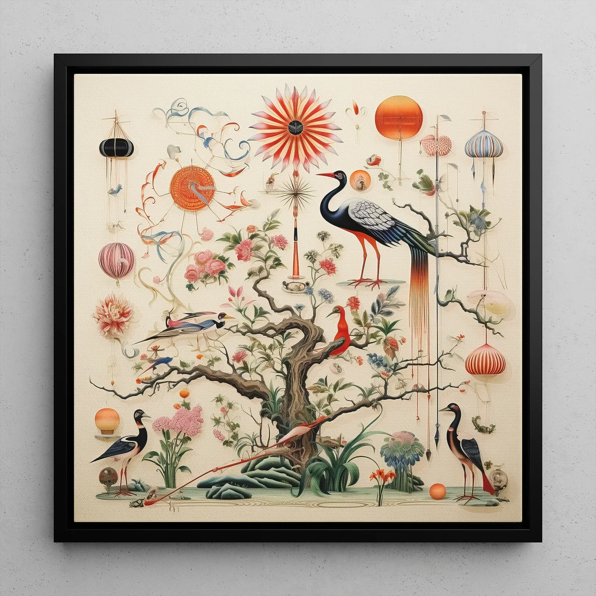Queer Menagerie Pt 3 Alien Bird Taxonomy Framed Canvas, 12x12’’ / 31x31cm / Black Floating Frame, Framed Oriental Bird Floral Art