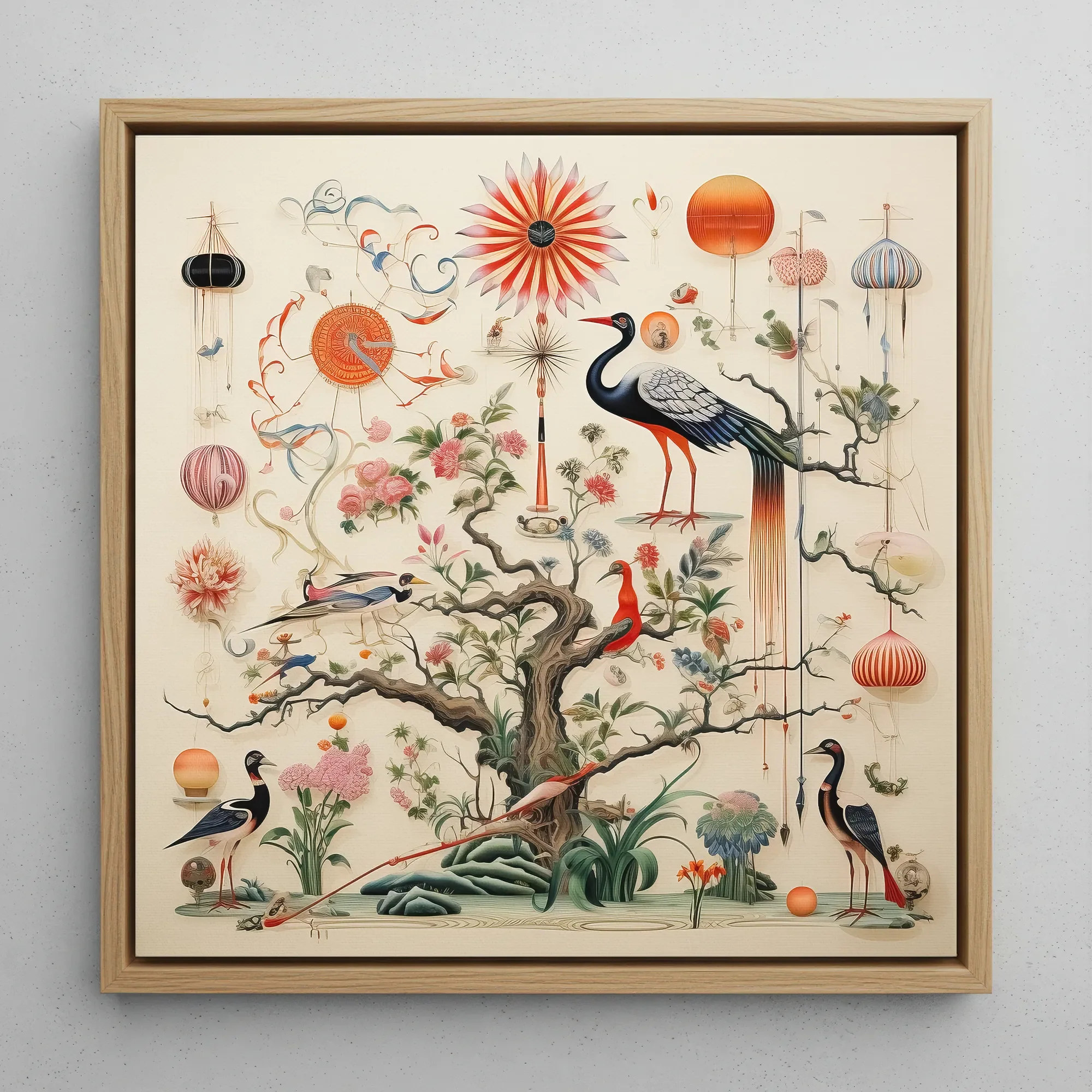 Queer Menagerie Pt 3 - Alien Bird Taxonomy Framed Canvas, 12x12’’ / 31x31cm / Natural Floating Frame, Framed Chinoiserie-style Artwork