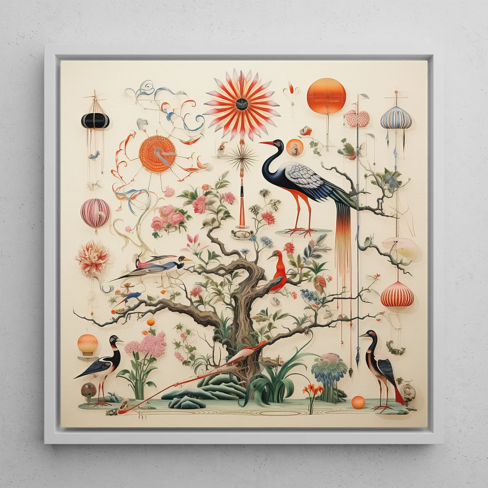Queer Menagerie Pt 3 Alien Bird Taxonomy Framed Canvas, 12’’x12’’ / White Floating Frame, Framed Oriental Style Bird Floral Art